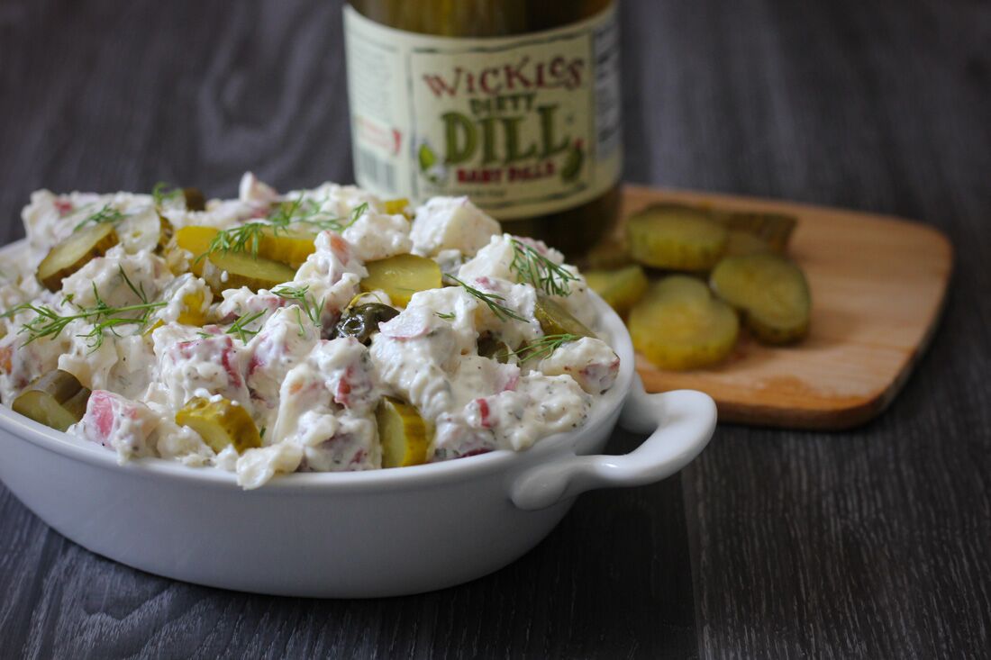 Dill Pickle Potato Salad with Grilled Sausages - The Weary Chef