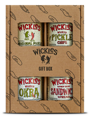 Wickles Party Pack, there is a brown box with the Wickles logo and outlined illustration of pickles and peppers. There are two cutout rectangular sections with the pickles jars so you can see inside the box.