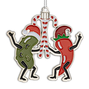 The Wickles Pickles Pickle and Pepper Characters holding an illustration of the Christmas ornament