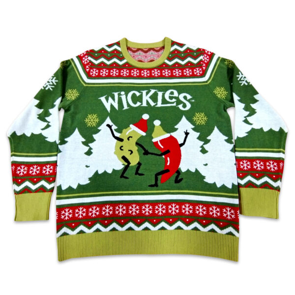 The front of the Wickles Pickles Ugly Christmas Sweater