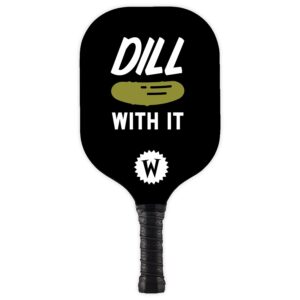 The the back of the Pickle Paddle. It says Dill with It, has an illustration of a pickle, and is black.