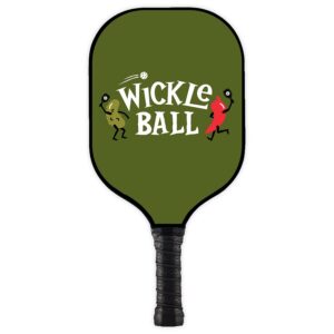 The front of the pickle paddle. It is green, says Wickle Ball, and has the pickle and pepper characters on it.