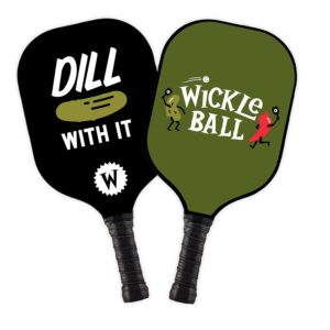Two Pickle Paddles. One is the front of the pickle paddle. It is green, says Wickle Ball, and has the pickle and pepper characters on it. The second is the back of the paddle. It says Dill with It, has an illustration of a pickle, and is black.