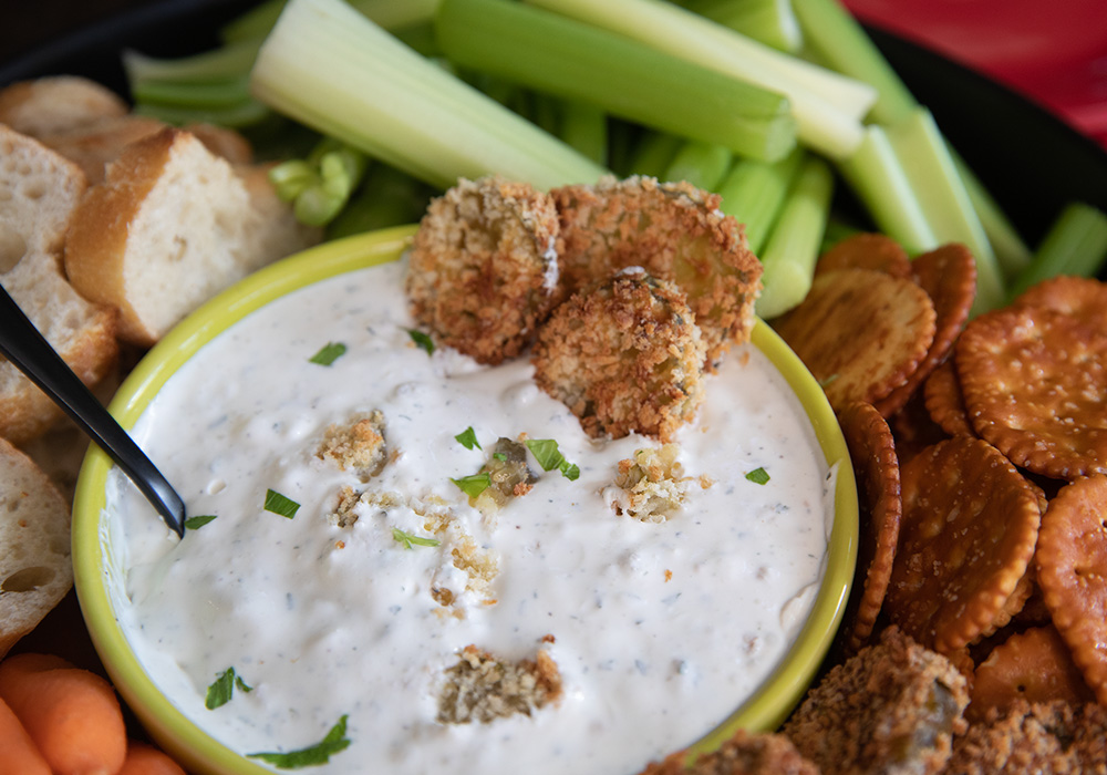 Wickles Pickles Air Fried Pickle Ranch Dip with crudite and crostinis