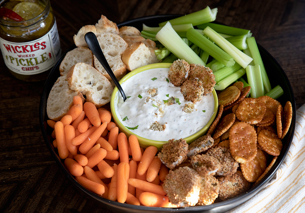 Wickles Pickles Air Fried Pickle Ranch Dip with crudite and crostinis