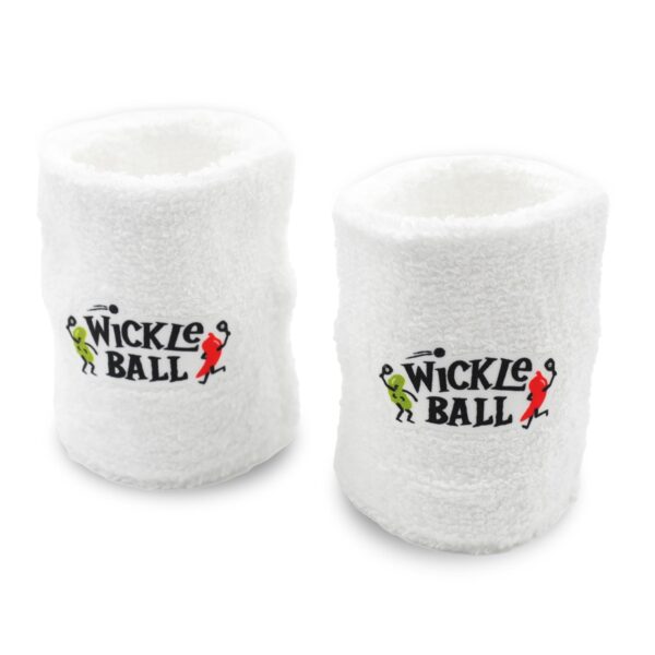 White Exercise Wristbands with Wickle Ball written on it and a Wickles Pickle pickle character playing pickleball with a Wickles Pepper character
