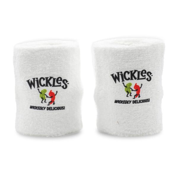White exercise wristbands with Wickles, Wickedly Delicious written on it and a Wickles Pickle pickle character dancing with a Wickles Pepper character