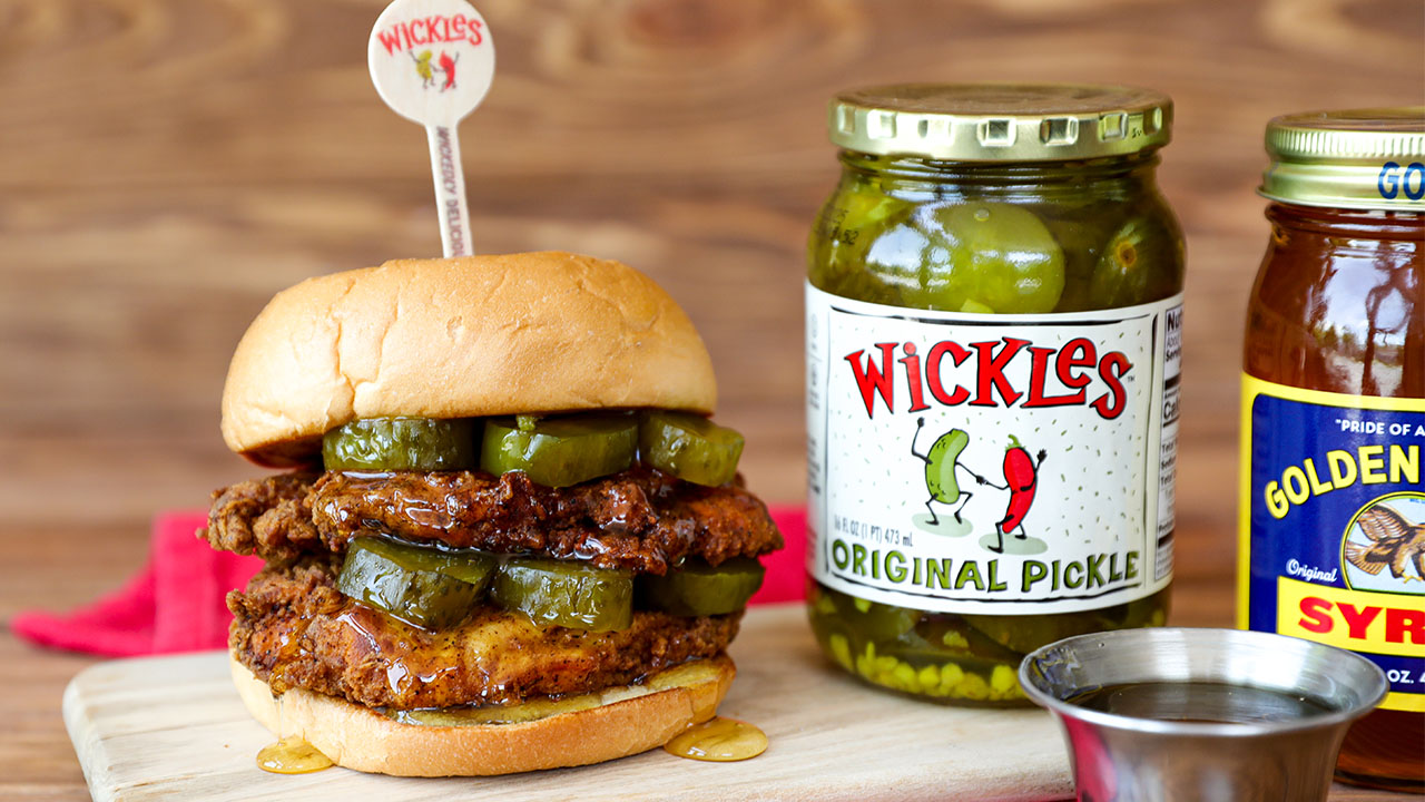 Spicy Chicken Biscuit Sandwich with Wickles Wicked Hula Pickles and Golden Eagle Syrup