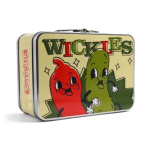 A retro looking tan closed lunch box with the word Wickles on the front. The letters are a variation of colors(dark green, light green, red). There is also a large cartoon image of a red pepper and a green pickle.