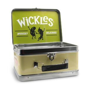 A retro looking open lunch box that is green on the top inside cover and has the Wickles logo in white text and silhouettes of the pepper and pickle.
