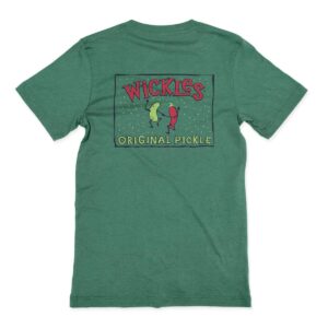 Back view of a green tshirt with a large Wickles logo on the back