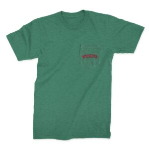 Front view of a green tshirt with a pocket and the Wickles logo on the pocket