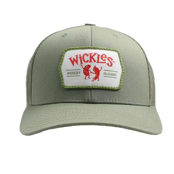Front view of the Olive Trucker Hat with a Wickedly Delicious Patch